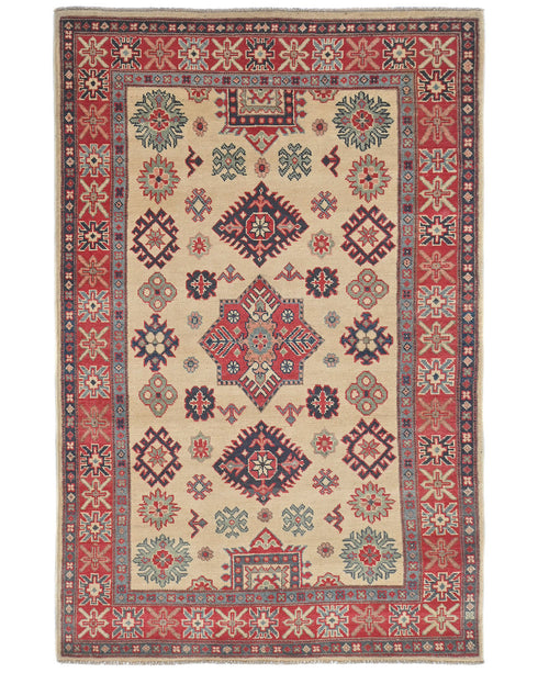 4x6 Beige Kuba Afghan Hand Knotted Wool Area Rug